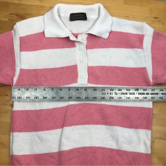VTG Eddie Bauer Short Sleeve Sweater Made in USA Pink Stripe Half Button - Picture 13 of 14